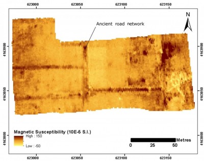 Figure 4. Results from the 21.23KHz frequency magnetic susceptibility survey collected with a GEM-2 electromagnetic induction instrument at the site of Mantinea.